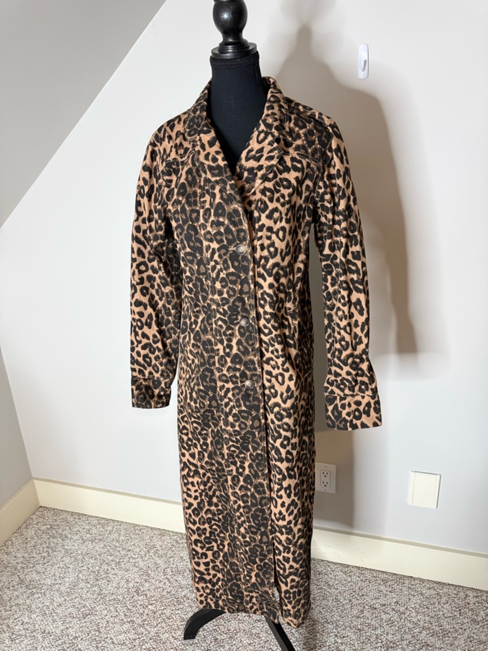 FASHION NOVA New Leopard Print Denim Trench Coat Pockets Buttons Size Medium - Picture 4 of 13